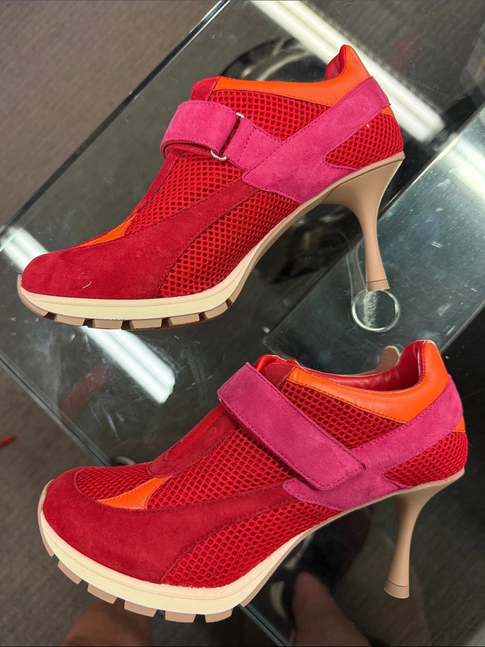 Sneed Women’s Red and Orange Strap Sport Heels — Stylish Slip-On Wedge